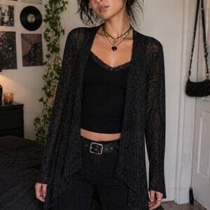 Vintage Sheer Black Glitter Cardigan Duster Y2K Goth Boho M